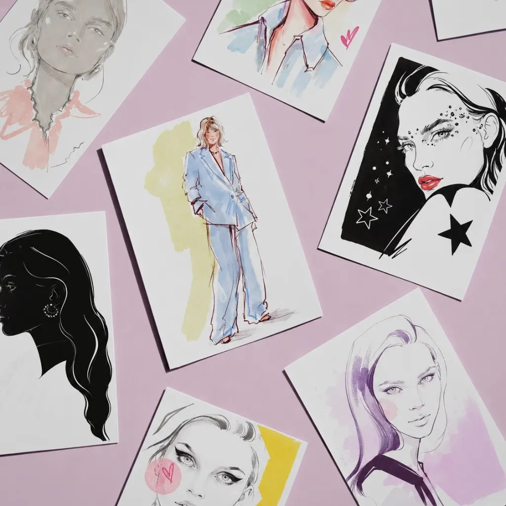 Seven fashion illustration cards on a lilac background