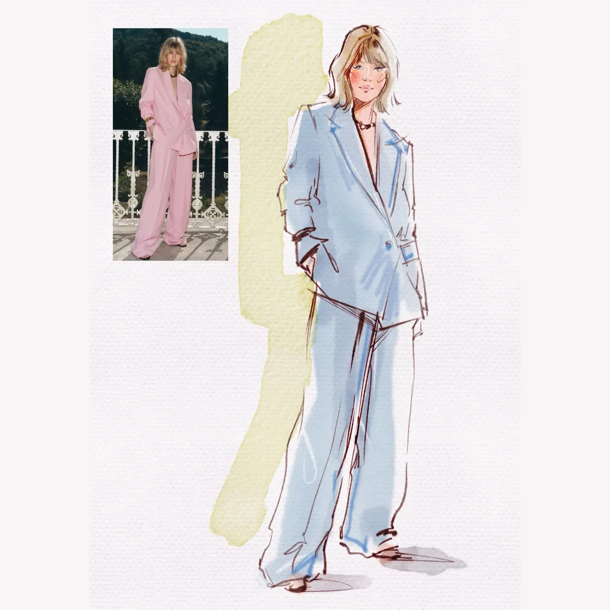 Full-length fashion sketch of a blue trouser suit