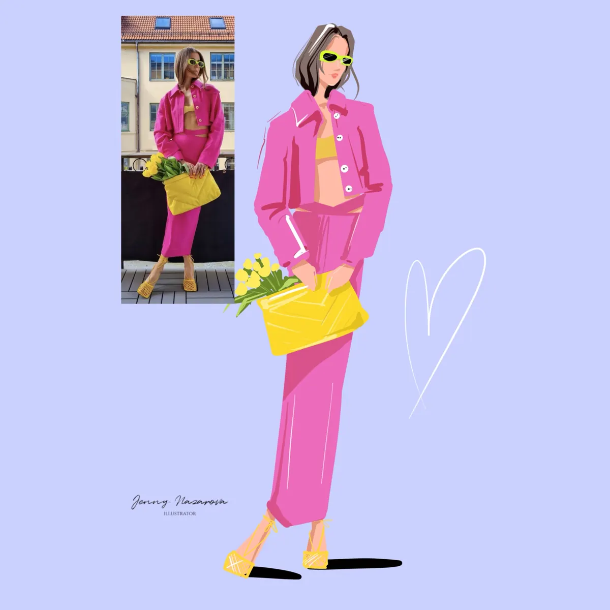 Fashion sketch of a pink outfit with a yellow bag