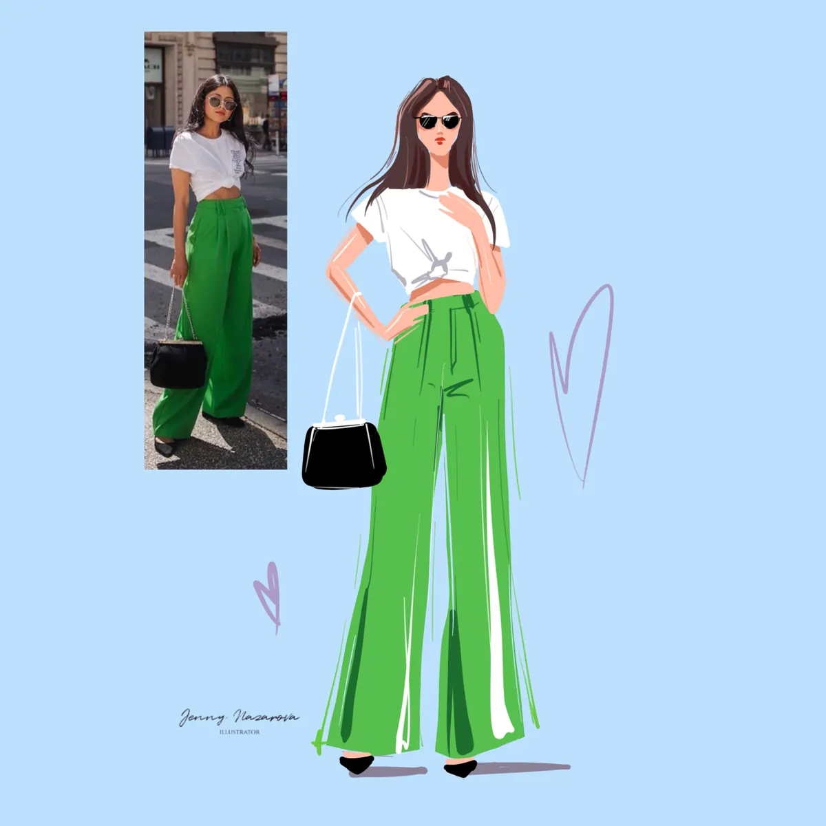 Fashion sketch of green wide-leg trousers