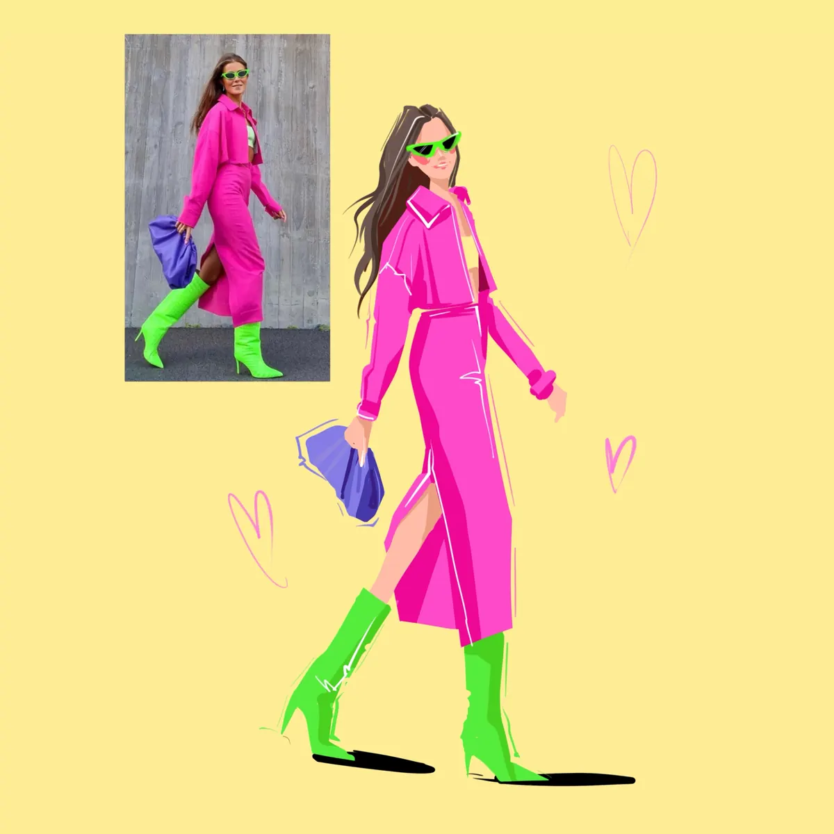 Fashion sketch of a pink coat and green boots