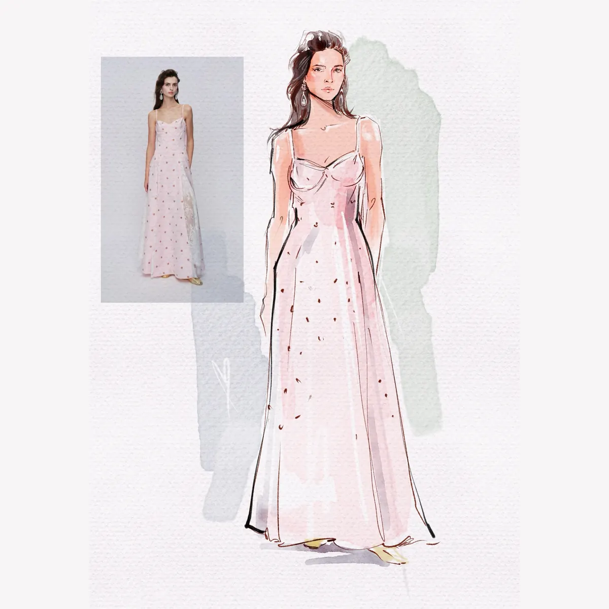 Fashion sketch of a pale pink evening dress