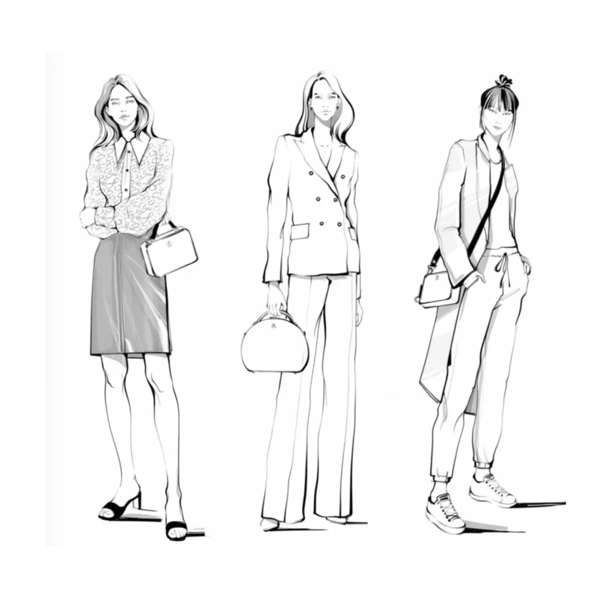 Three full-length line sketches of outfits