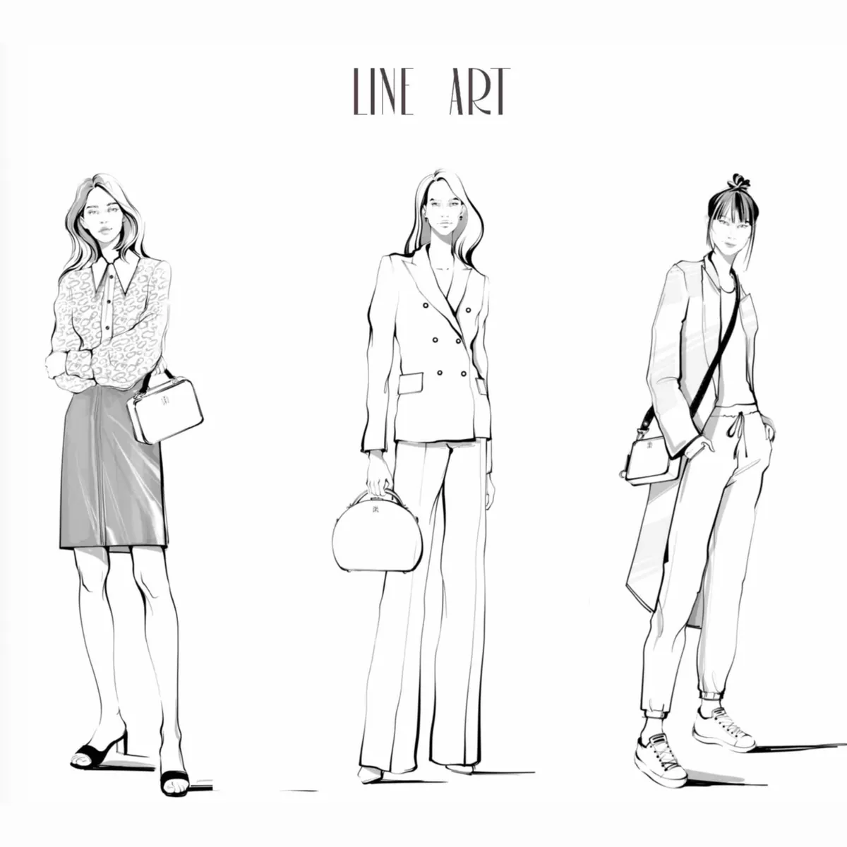 Fine line fashion sketches of three outfits