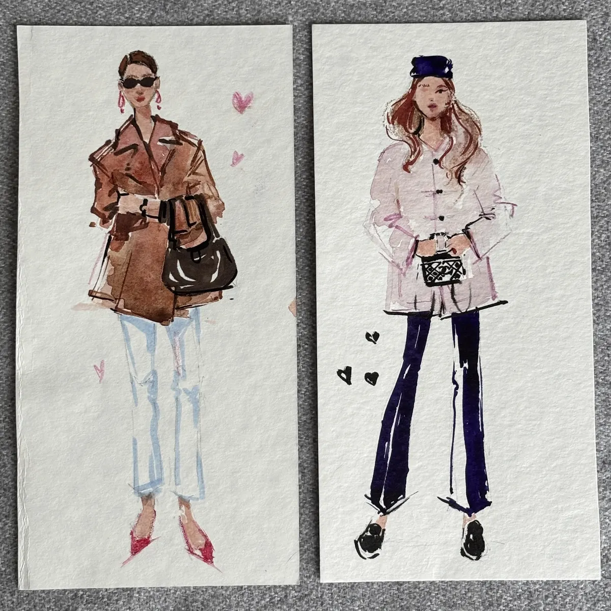 Two fashion sketches of a brown coat and a leather jacket