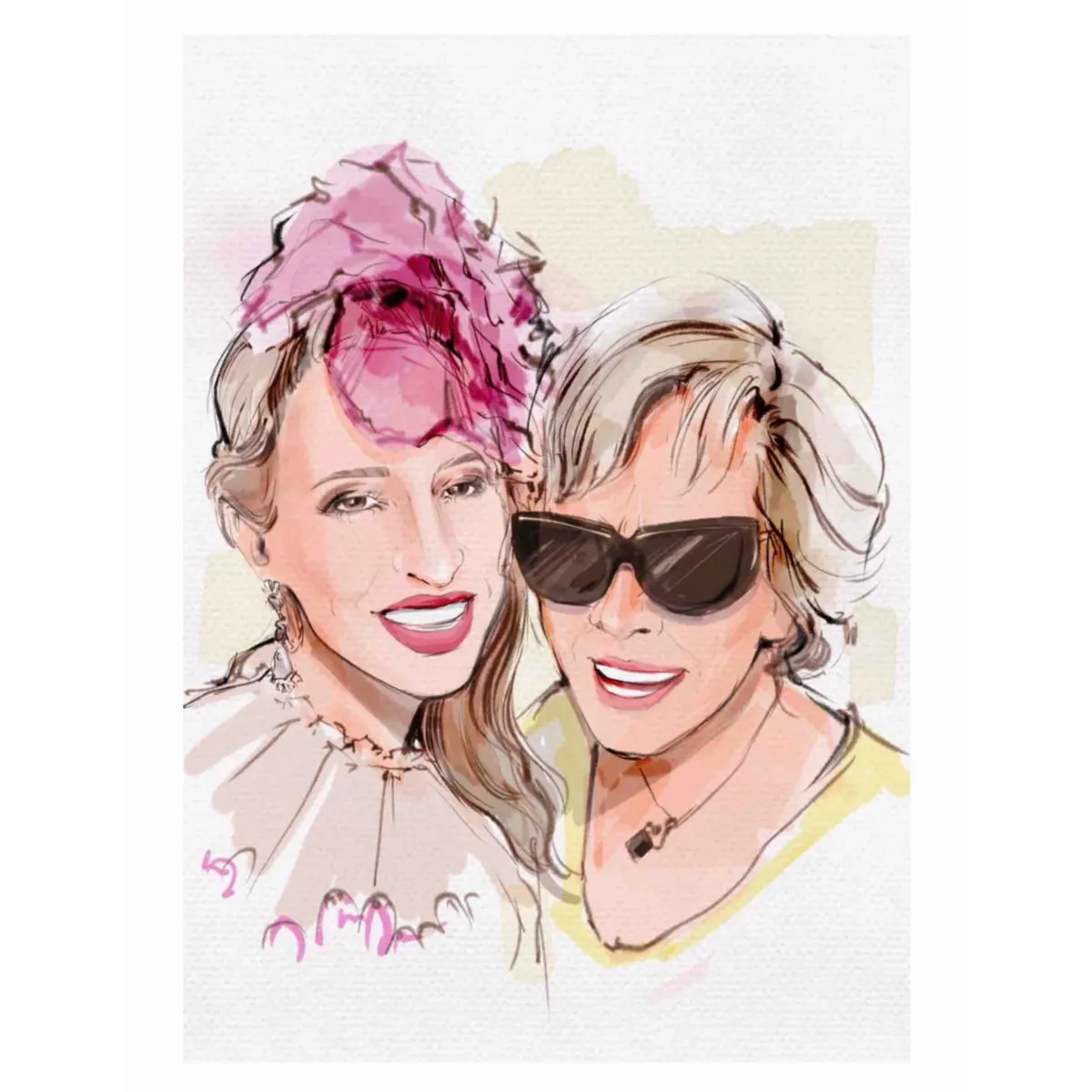 Portrait of two women in hats and sunglasses