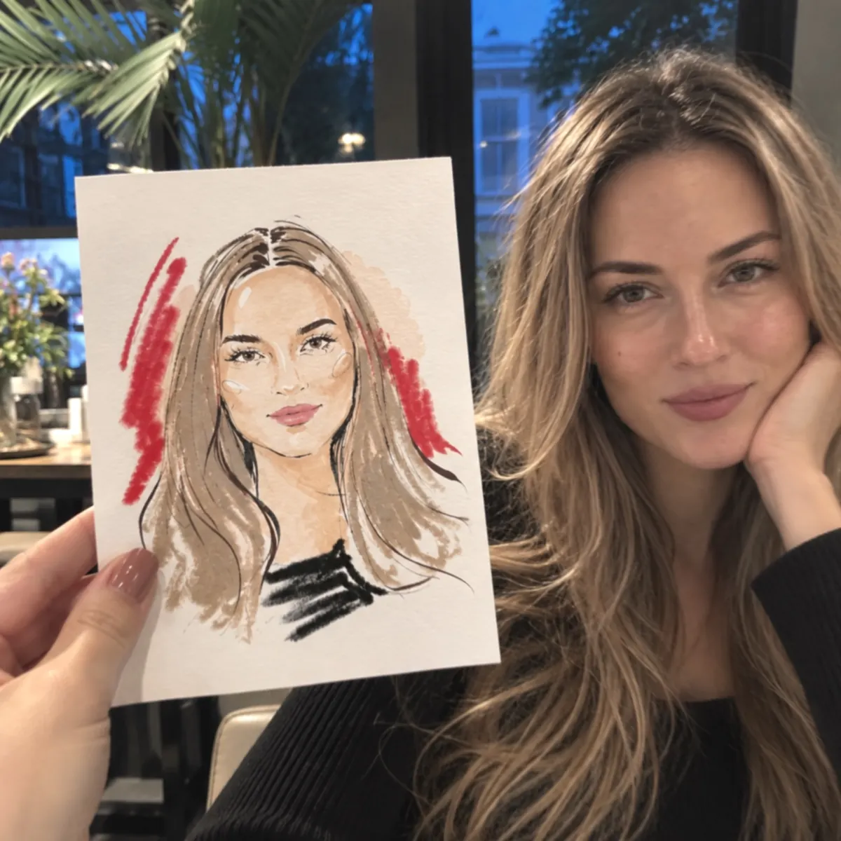 Guest holding her live portrait next to her face