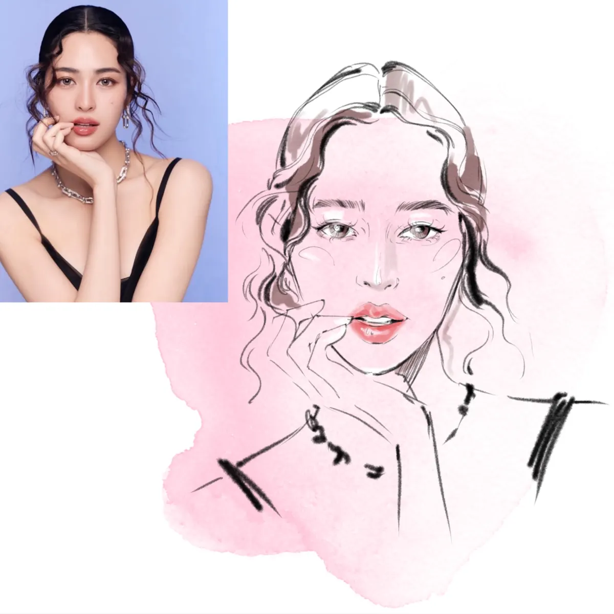 Watercolour portrait next to the reference photo