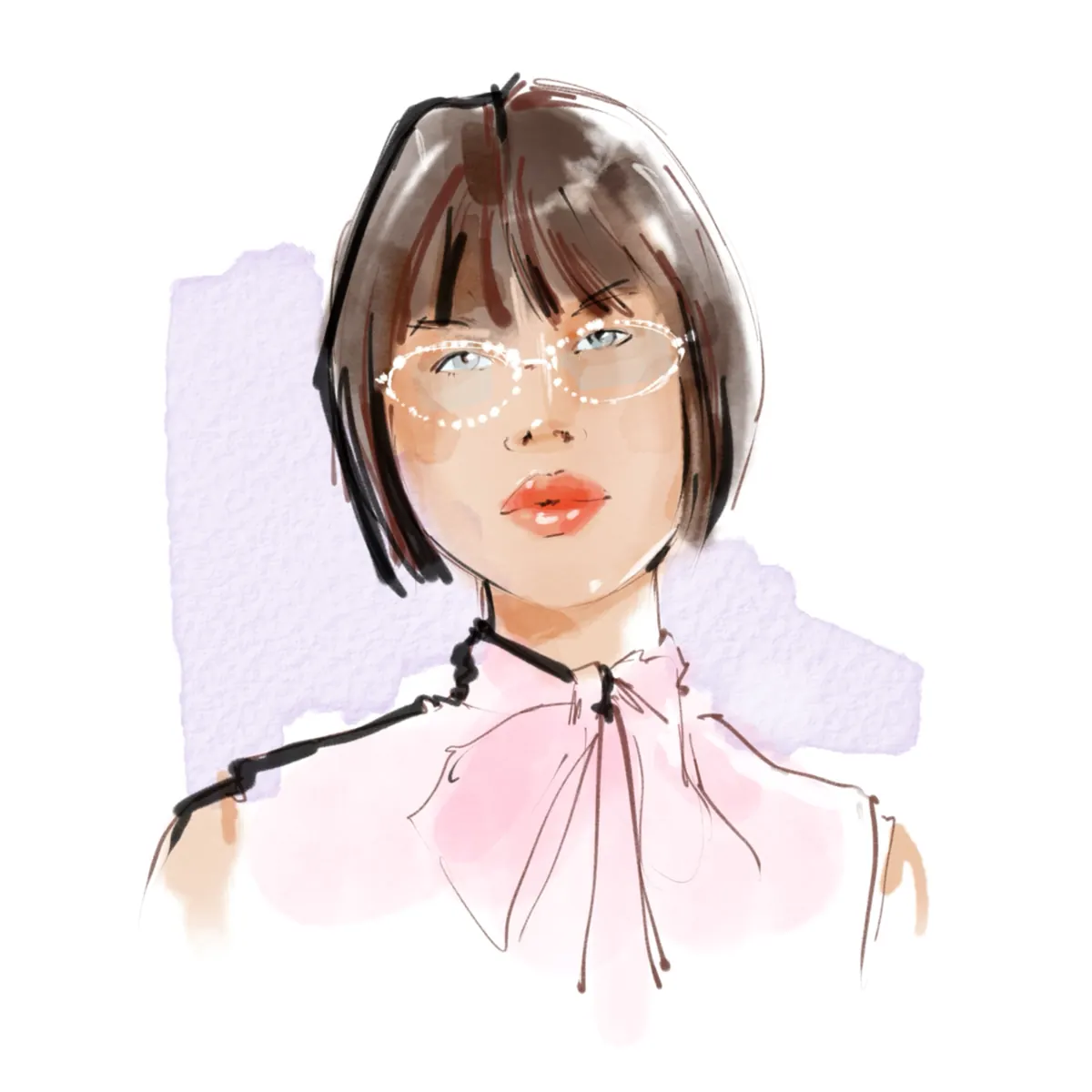 Watercolour portrait of a girl with a bob and glasses