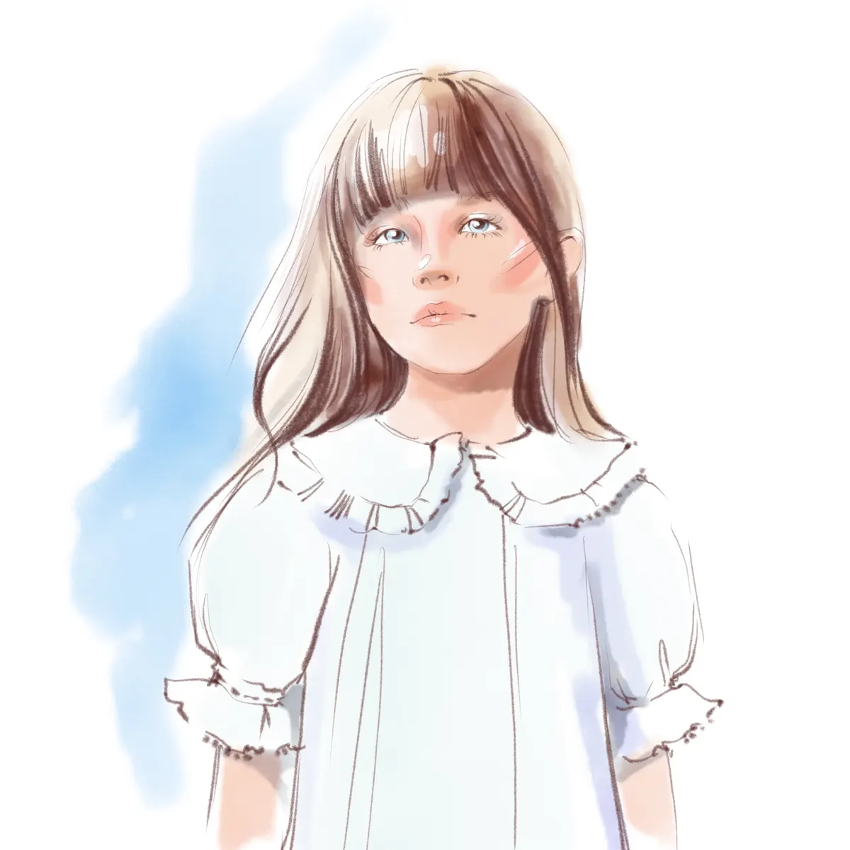 Watercolour portrait of a girl in a white dress