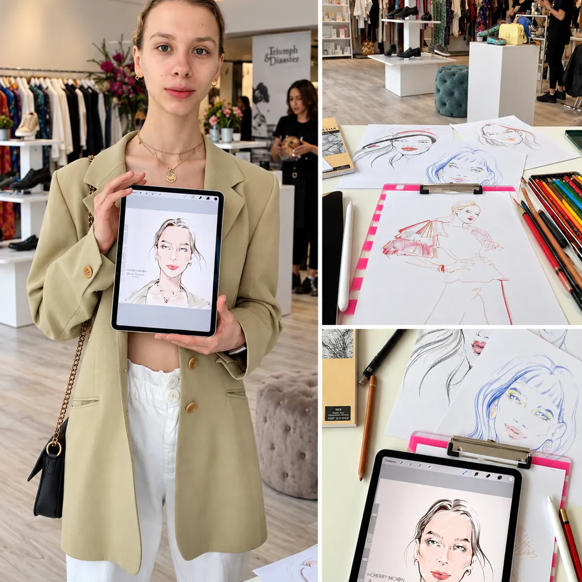Guest holding her portrait on an iPad at a boutique event