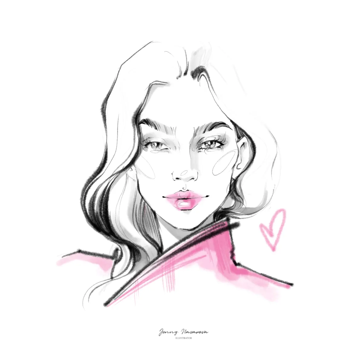 Line portrait of a woman with a pink accent