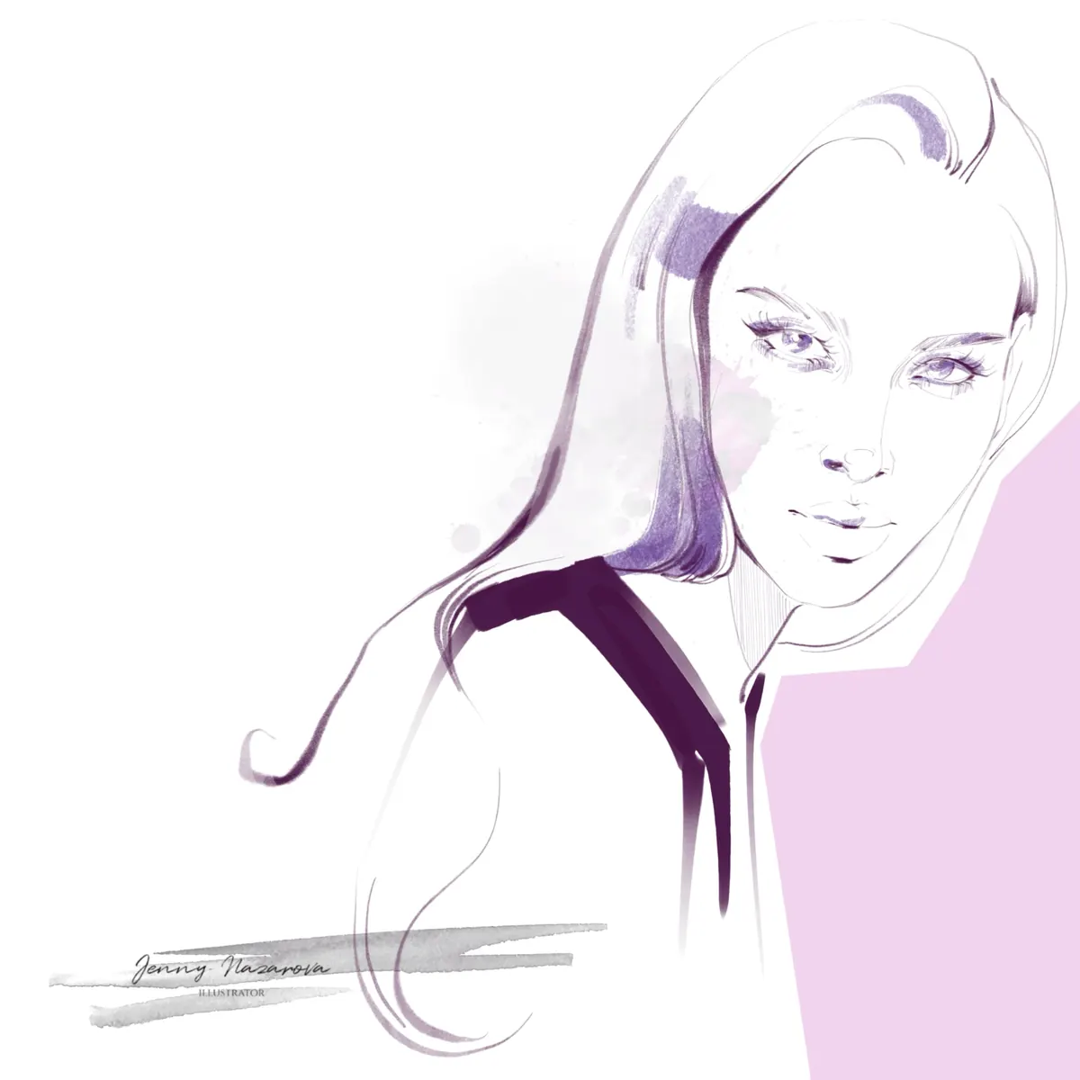 Line portrait of a woman in profile with lilac wash