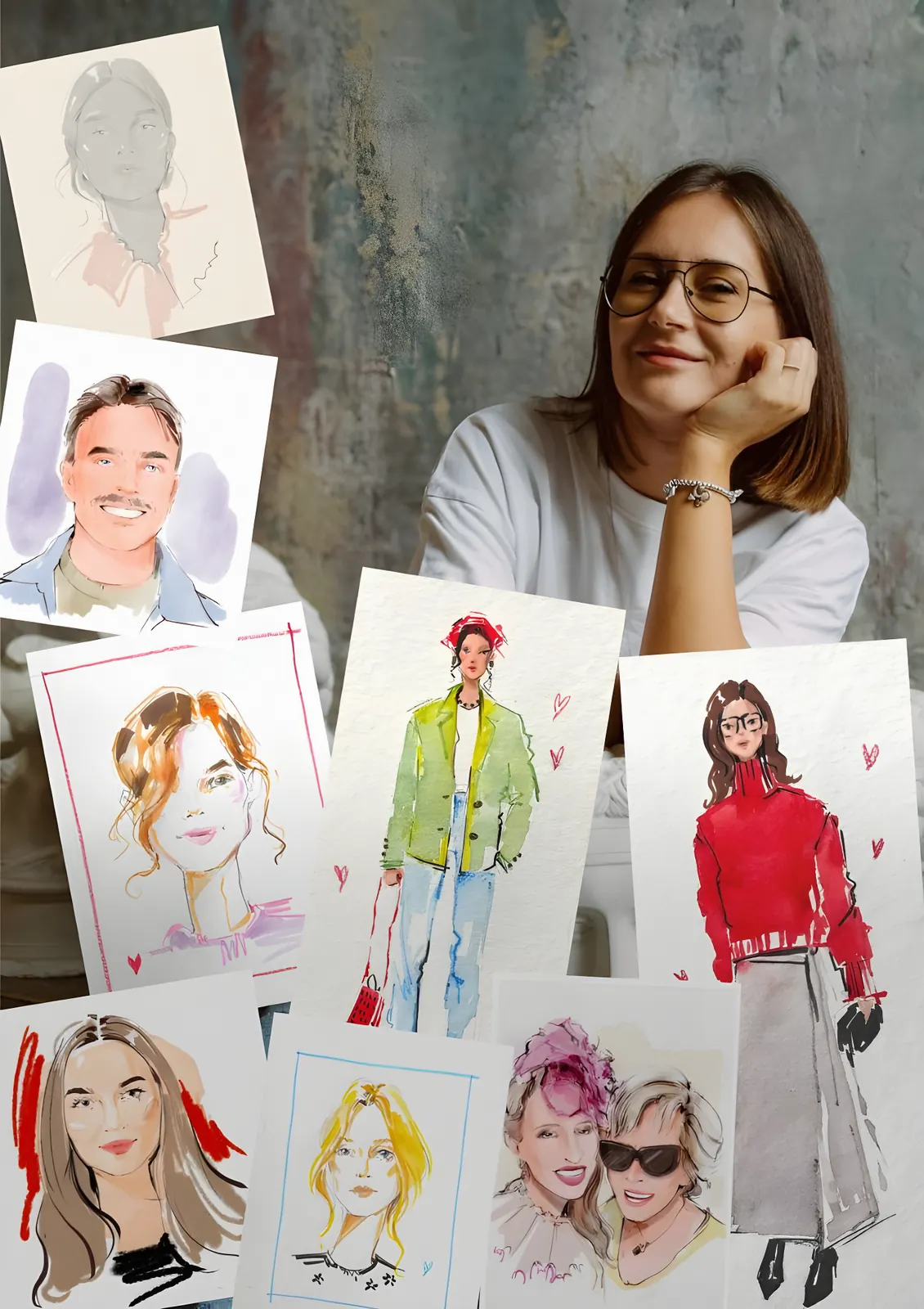 Jenny Nazarova surrounded by her guest portraits and fashion sketches